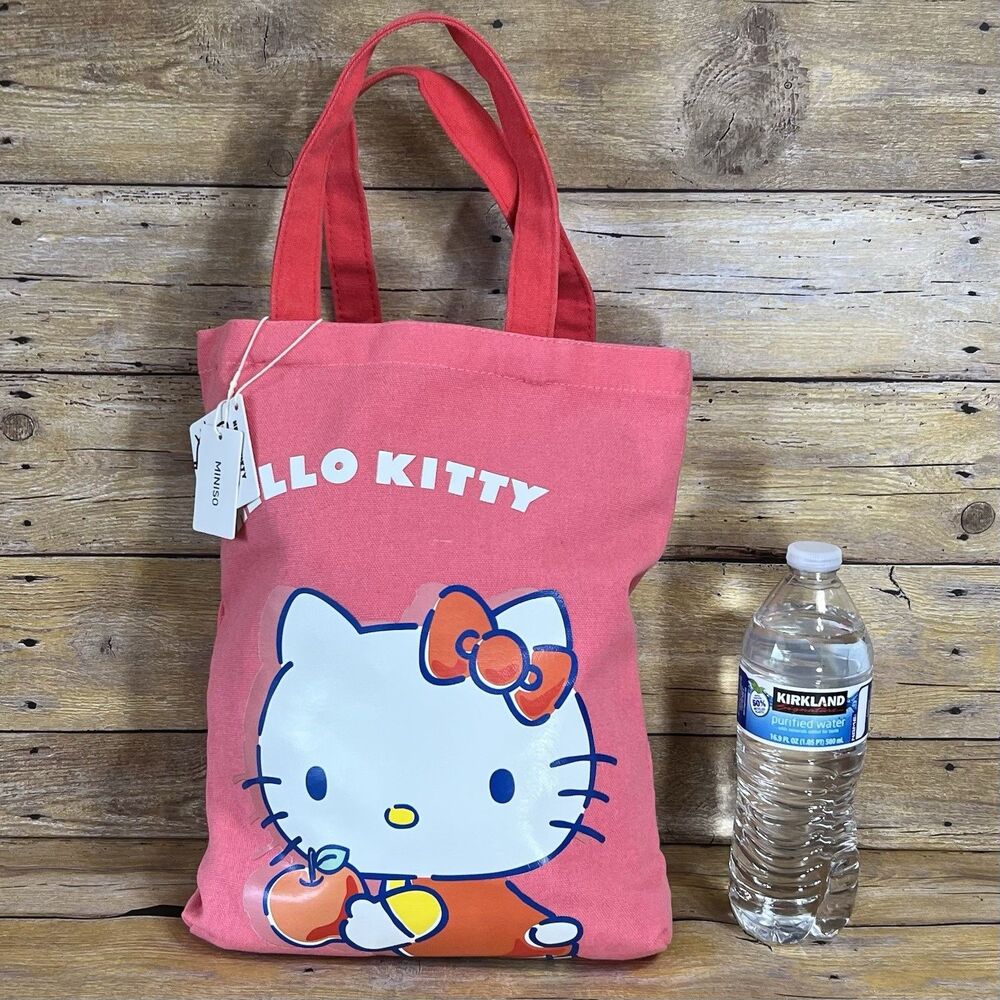 Miniso Sanrio Hello Kitty Pink Canvas Tote Bag Red‎ Handles New With Tags